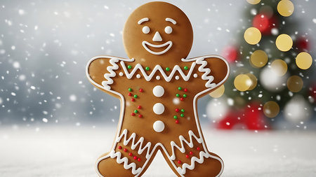 Gingerbread man in snow with christmas tree on background.の素材
