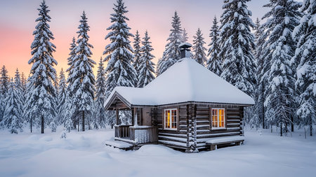 Beautiful winter landscape with wooden house in the Carpathian mountains.の素材