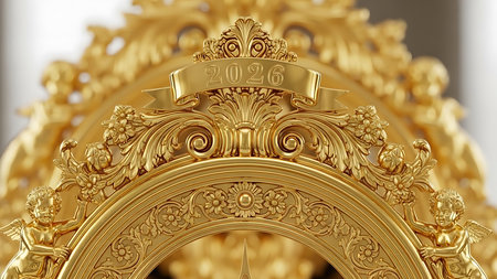Luxury golden frame in the form of a clock. 3D renderingの素材