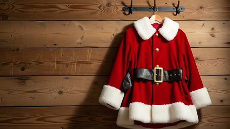 Santa Claus clothes hanging on a hanger against a wooden wall backgroundの素材