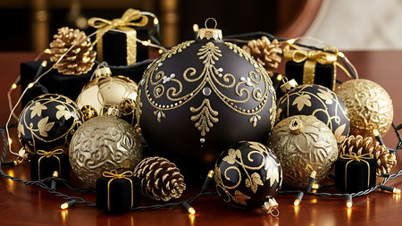 Christmas decoration with golden and black baubles on wooden table.の素材