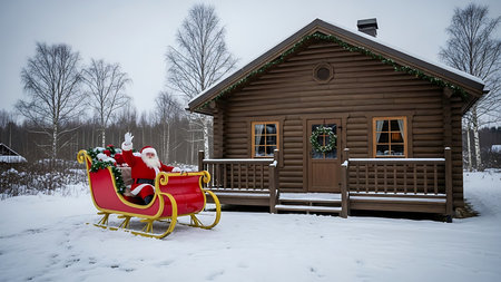 Santa Claus in a sleigh on a background of a wooden house in winterの素材
