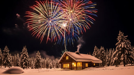 Beautiful fireworks in the night sky over a wooden house in winter forestの素材