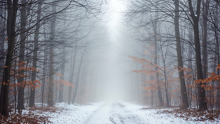 Mysterious foggy winter forest with road and trees covered with snowの素材