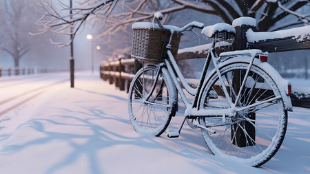 Bicycles covered with snow in a winter park at night.の素材