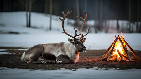 Reindeer in front of a campfire in the winter forestの素材