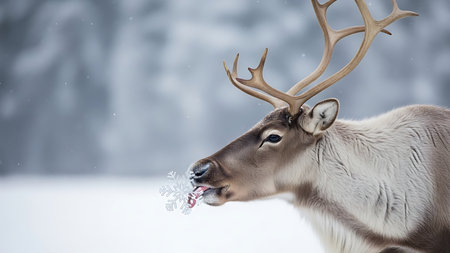 reindeer with snowflakes in winter forest - 3d illustrationの素材