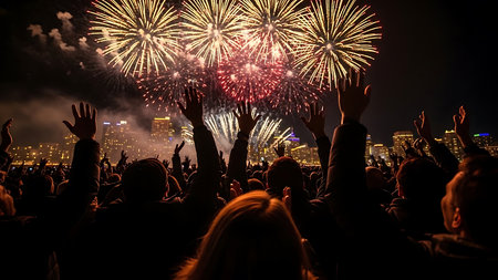 Crowd cheering at a concert with fireworks in the background - New Year's Eveの素材