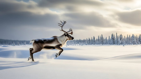 3d rendering of a reindeer jumping in a snowy landscapeの素材