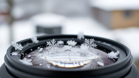 Close-up of a camera lens with snowflakes on itの素材