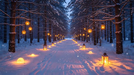 Winter alley with lanterns in the park at night. Landscape.の素材