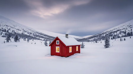 Red house in the mountains. Winter landscape. 3D rendering.の素材