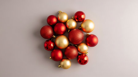 Red and gold christmas baubles on gray background. 3d illustrationの素材