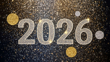 Happy New Year 2020. Gold glittering background with sparkles.の素材