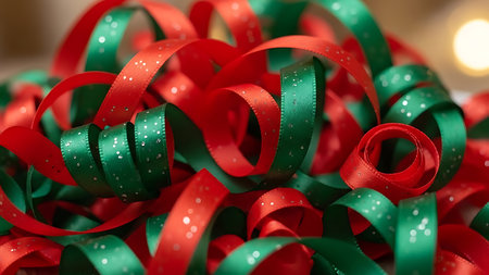 Red and green ribbons on a Christmas tree. 3d renderingの素材