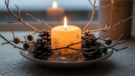Burning candle with pine cones and branches on the background of the windowの素材
