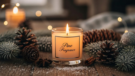 Christmas decoration with candles and fir branches on rustic wooden background.の素材