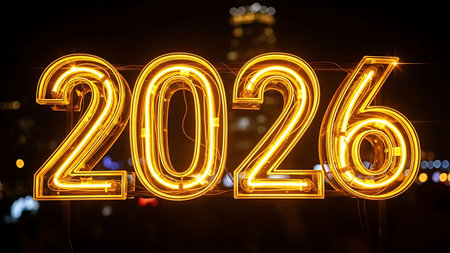 New year 2016 glowing neon sign on black background, bokehの素材