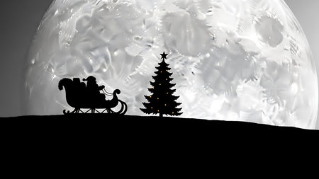 Silhouette of Santa Claus in sleigh with Christmas tree in snow globeの素材