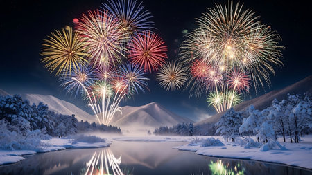 Beautiful firework display for celebration happy new year and merry christmas in winter seasonの素材