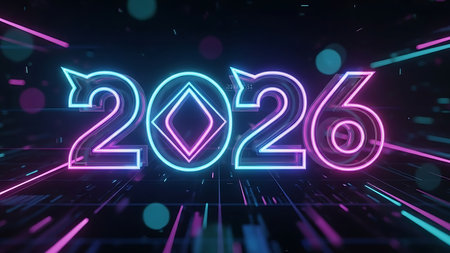 New year 2016 glowing neon numbers on dark background. 3D Renderingの素材