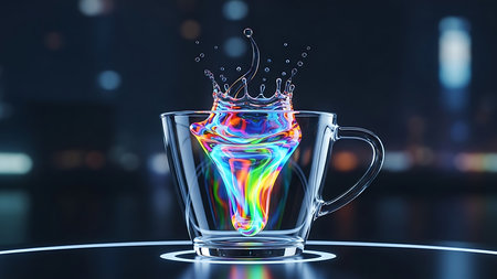 Colorful water splash in glass cup on dark background 3D renderingの素材
