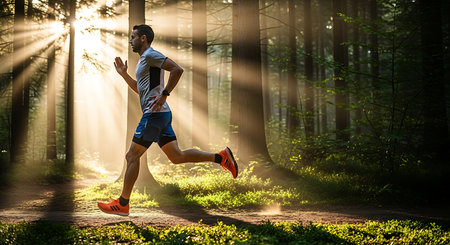 Runner athlete running at forest trail. man fitness jogging workout wellness concept.の素材
