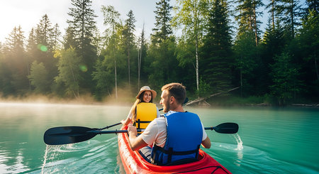 Couple kayaking on a lake in the mountains. Man and woman paddling in a kayak.の素材