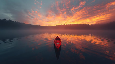 Kayak on the lake at sunrise. 3d render illustration.の素材