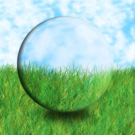 A illustration of a glass ball sitting on grass with a spiritual feelingの写真素材