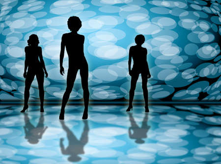 Three sexy models on a blue and white disco backgroundの写真素材