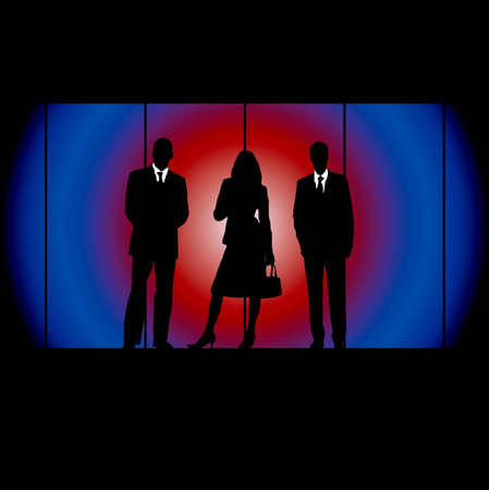 business people on a blue and red radiating backgroundの写真素材