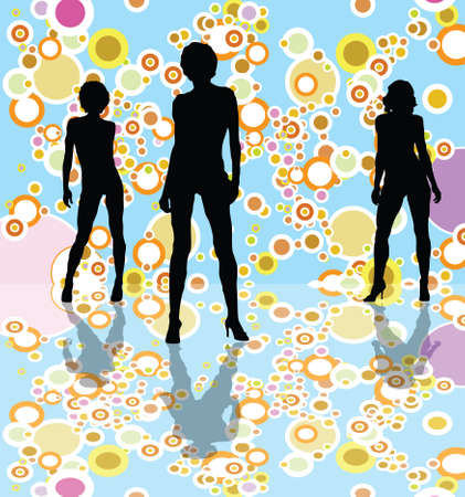 A group of three woman dancers on a bubble disco backgroundの写真素材