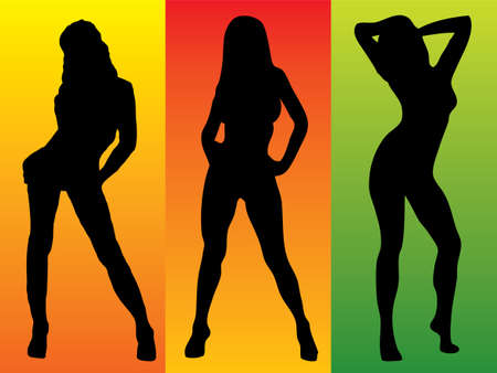 Three sexy women in silhouette on colourful backgroundsの写真素材