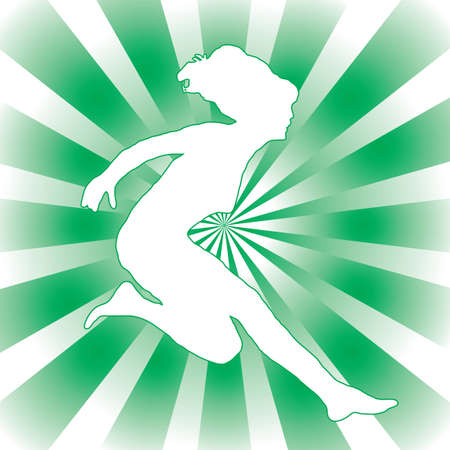 Jumping woman over a green and white radiating backgroundのイラスト素材