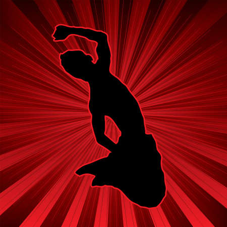 red background on an exploding background with a youth leapingのイラスト素材