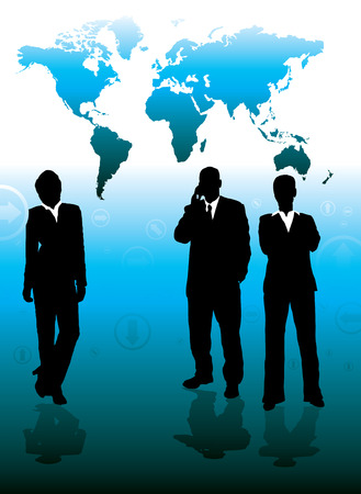 three business people set against a world background in blue and blackのイラスト素材