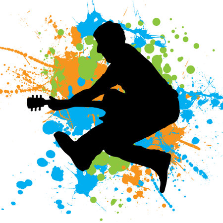 Guitarist jumping in the air with paint splats as a backgroundのイラスト素材