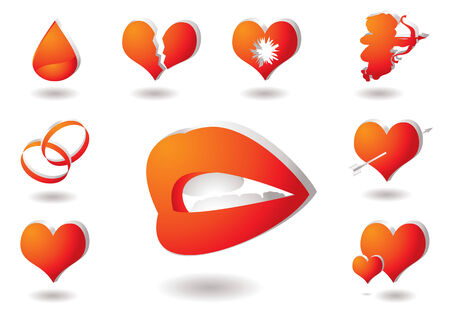 Collection of red and orange love icons with drop shadowのイラスト素材