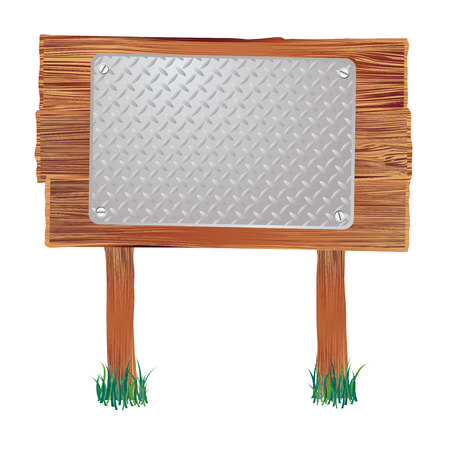 Wooden sign with metal placeholder and grass around the baseのイラスト素材