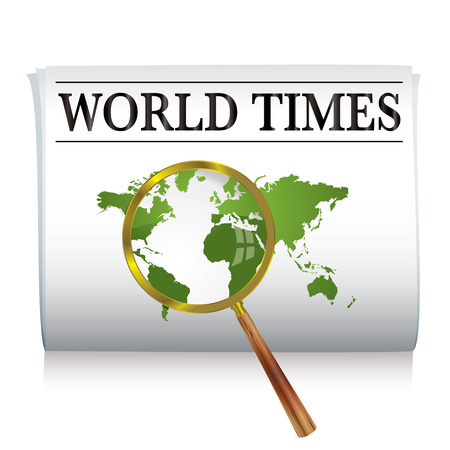 Newspaper with a map of the world and a magnifying glassのイラスト素材