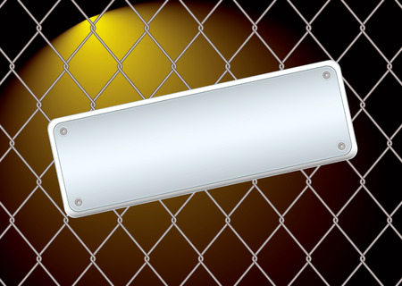 Wire fence with a metal blank sign attached at night with bright lightのイラスト素材