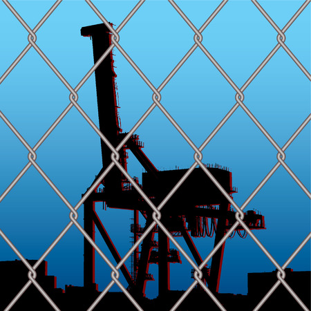 silhouette crane outline with city skyline with wire fenceのイラスト素材