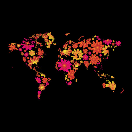 Brightly colored floral world design with black backgroundのイラスト素材