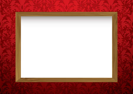 Red wallpaper wall with shadow and wooden framed picture with copy spaceのイラスト素材