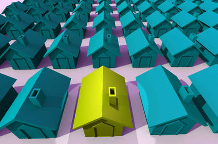 Looking down on rows and streets of houses with chimneys in greenの写真素材