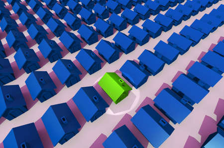 Image taken from above of green street and spot light on blue houseの写真素材