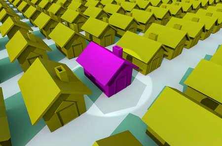 pink house and yellow houses in a row on an estate from the skyの写真素材