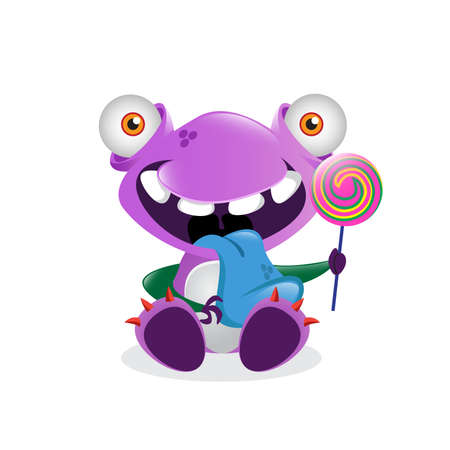 Happy cute cartoon monster character illustration. Holding lollipop. Fit for t-shirt design, print, halloween decoration, birthday party decoration, children book, emblem or stickerのイラスト素材