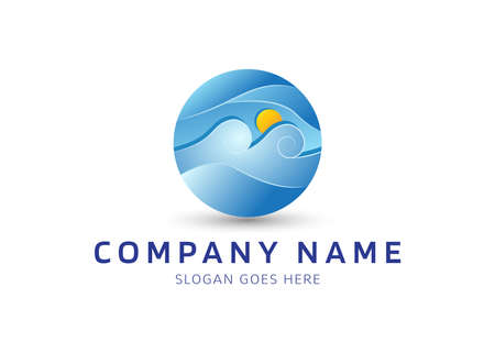 3D blue sea waves gradient vector logo template. Ocean wavy vector illustrationのイラスト素材